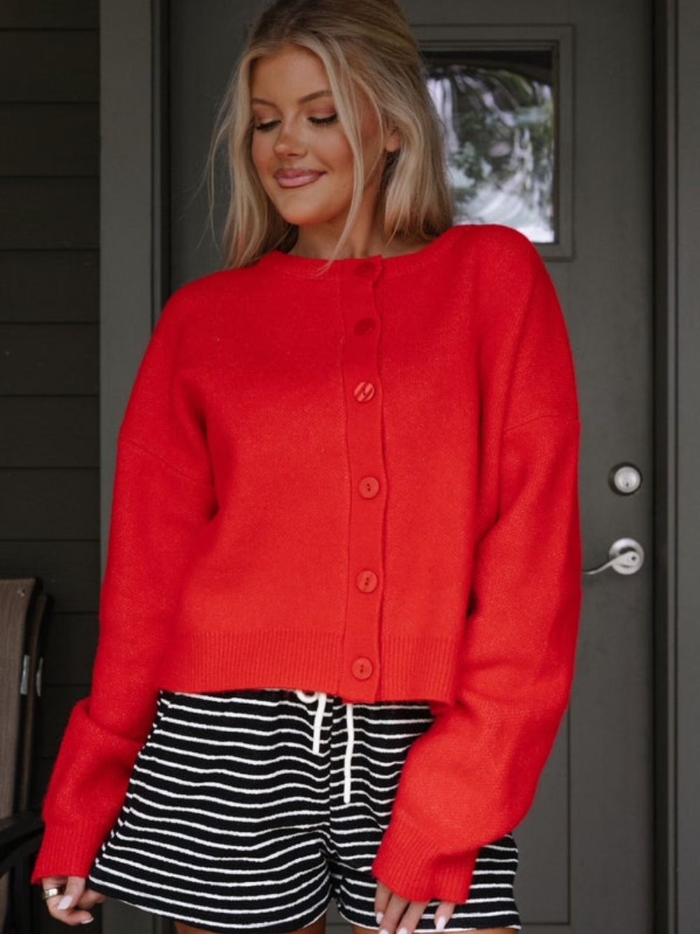 These Three Cropped Red Button-Front Knit Cardigan